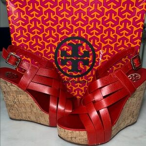 Tory Burch Red Leather Wedge Sandals